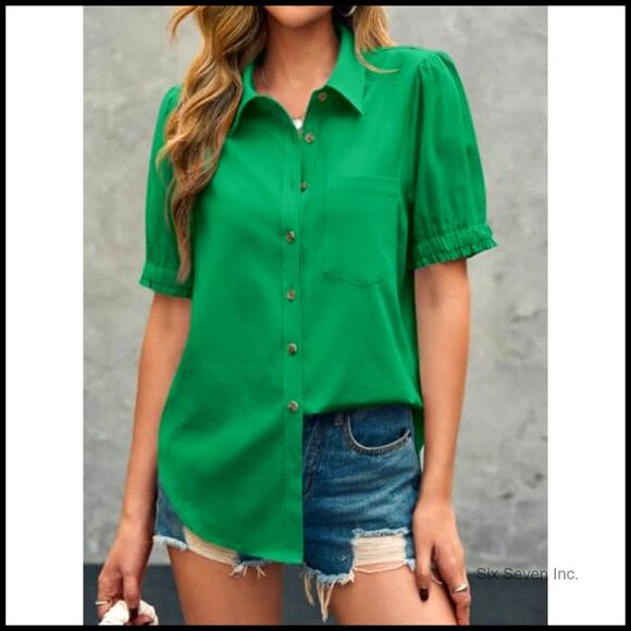 Puff Short Sleeve Button Down Shirt Linen Loose Fit Blouse - Picture 6 of 7